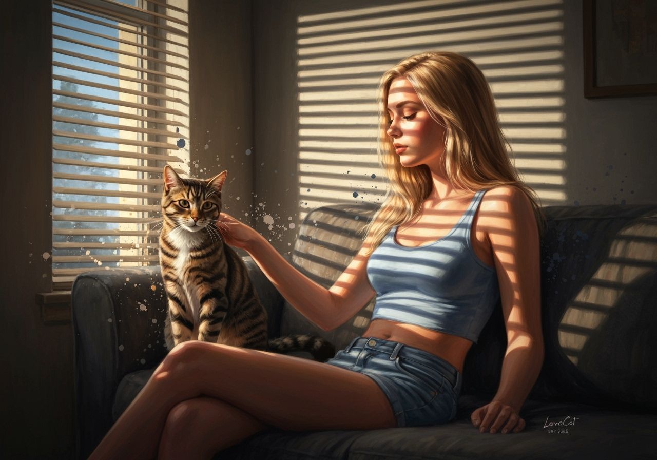 Woman Petting Cat with Venetian Blinds as Impasto Painting
