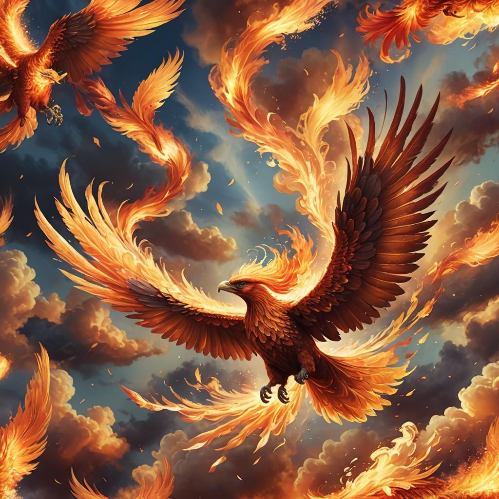Phoenix Soars in Flaming Splendor Against a Magical Sky