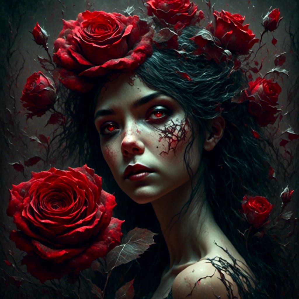 Goth Girl with Red Rose in Dark Romanticism