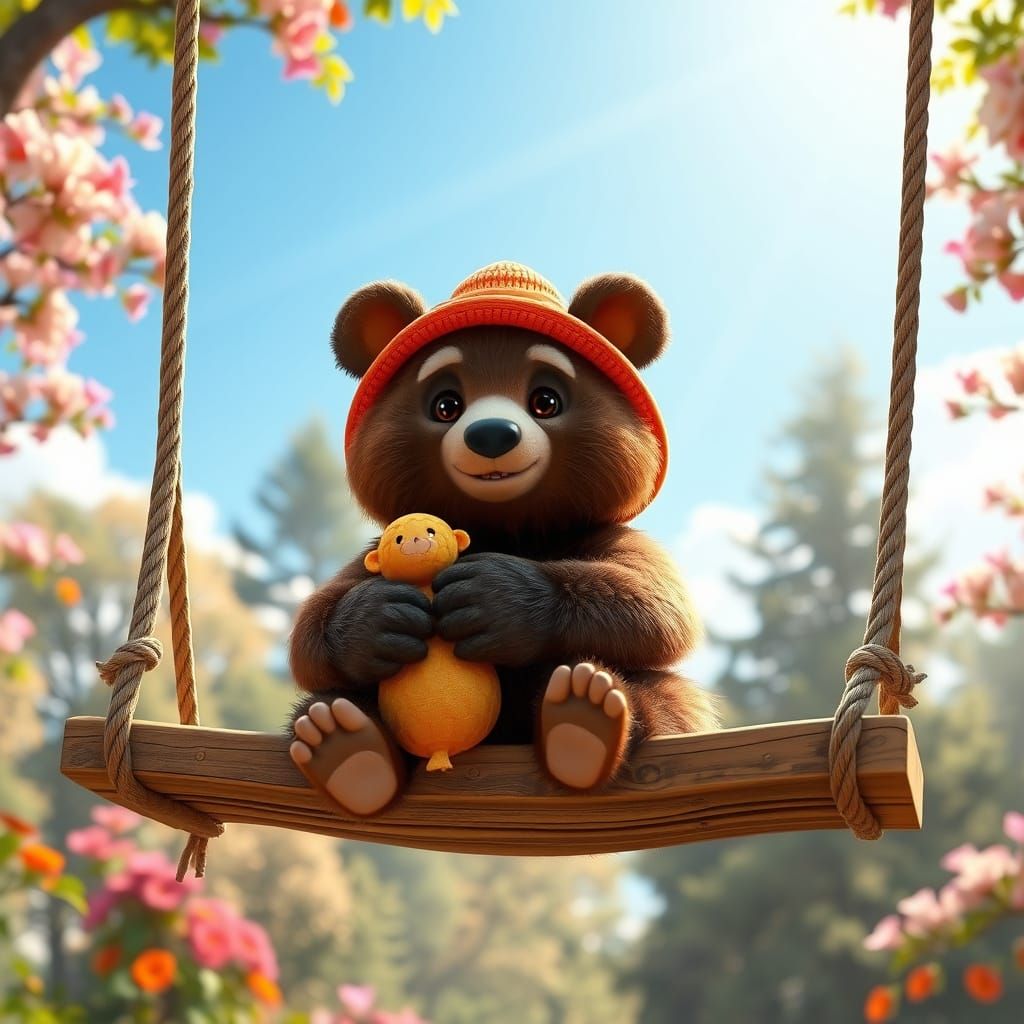 Cuddly Sun Bear Sways on a Wooden Swing in a Vibrant Park