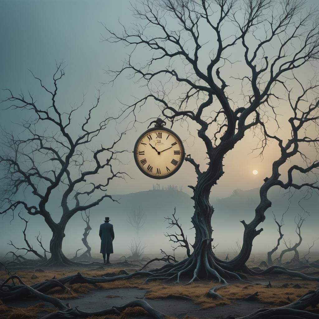 Surreal Lone Figure in Dreamscape with Melting Clock