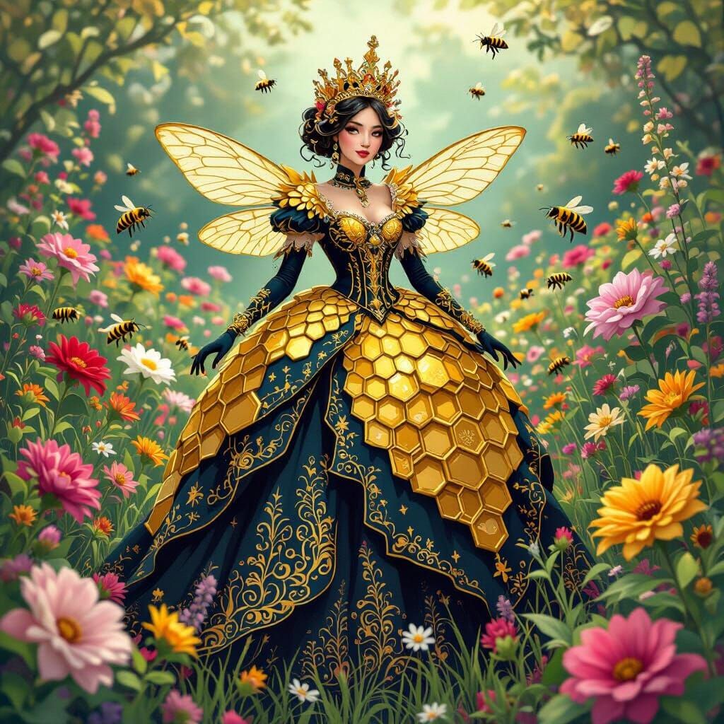 Queen Bee in Floral Garden, Fantasy Art Style
