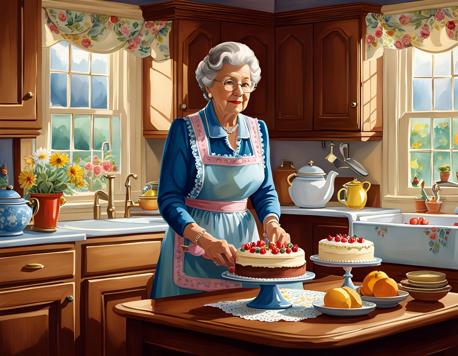 Realistic Granny Baking Detailed Cake, Folk Art Style