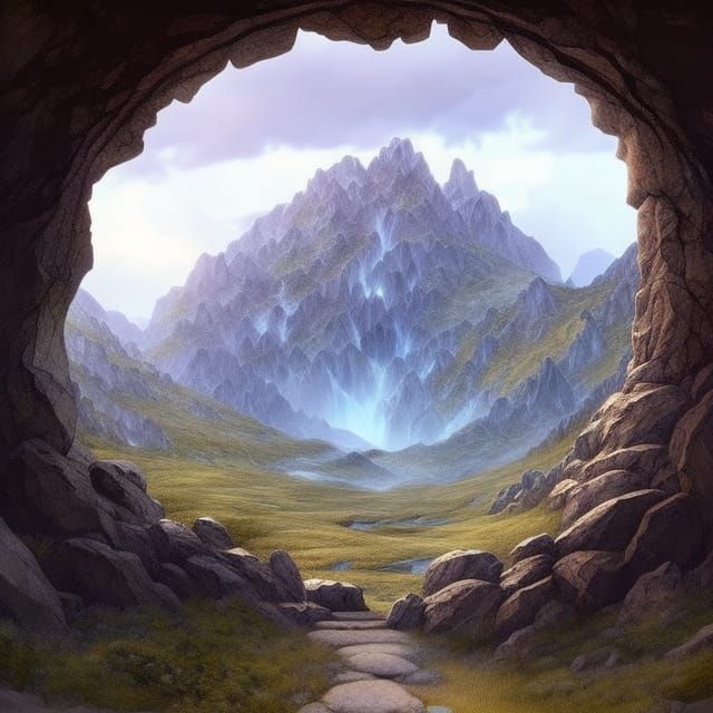 Fantasy Mountain View Through Stone Portal