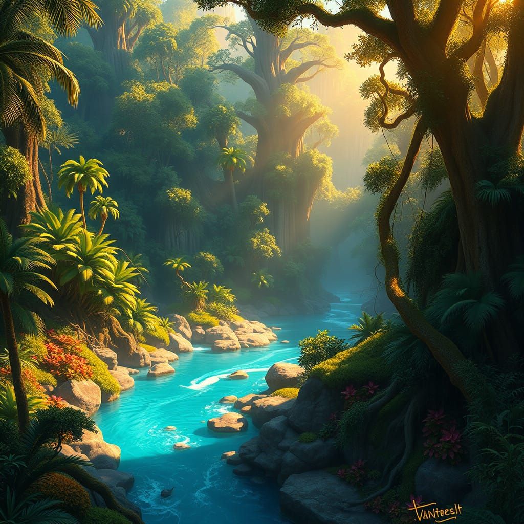Lush Rainforest River Scene with Hyperrealistic Details