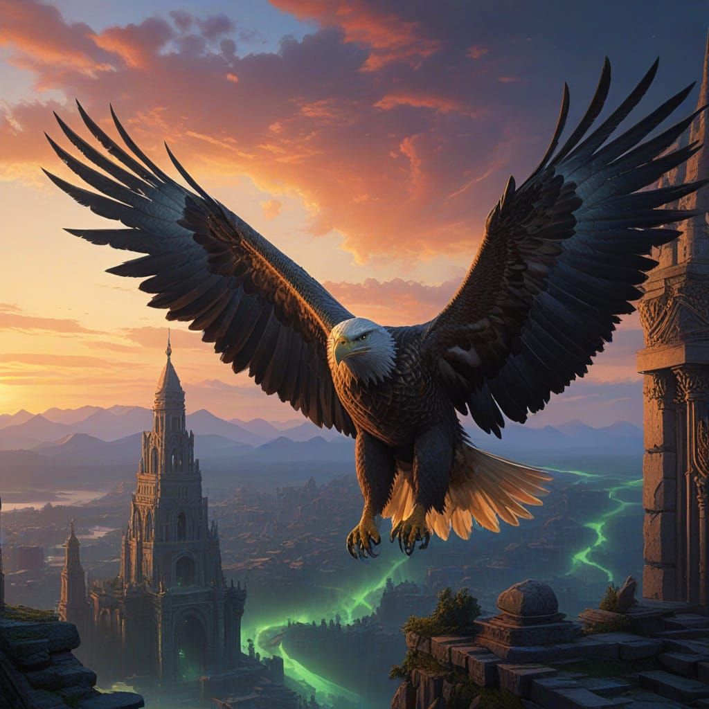 Majestic Eagle Above Ancient City Under Aurora Sky