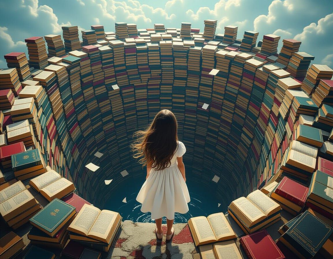 Girl at Book-Filled Hole in Surreal Style
