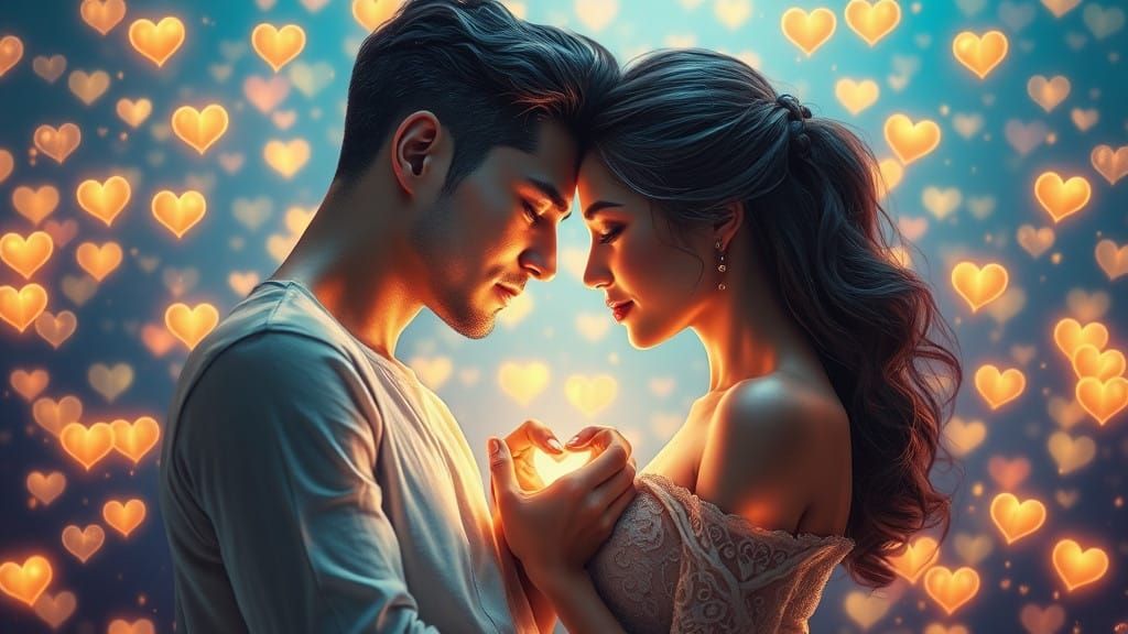 Intimate Twin Souls Surrounded by Radiant Hearts in Dreamlik...