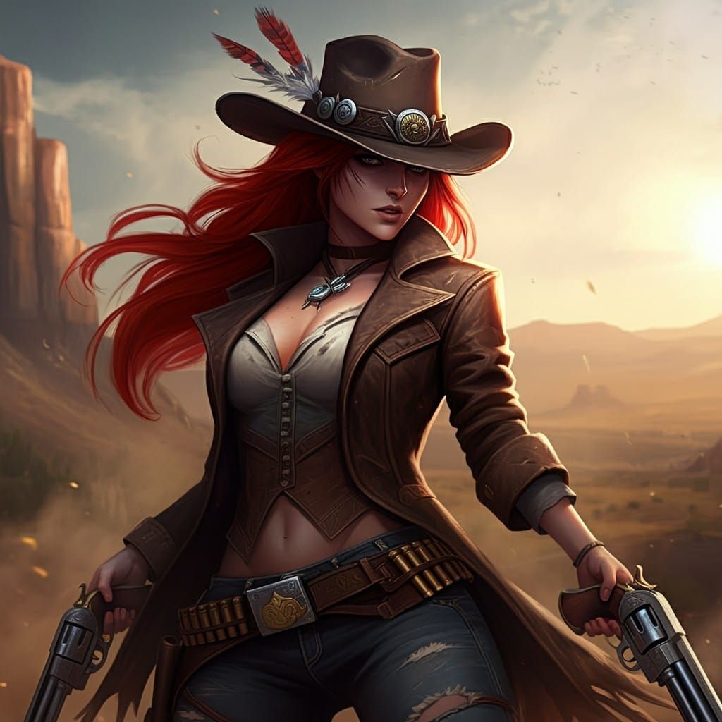 Cowgirl Miss Fortune in Wild West Landscape