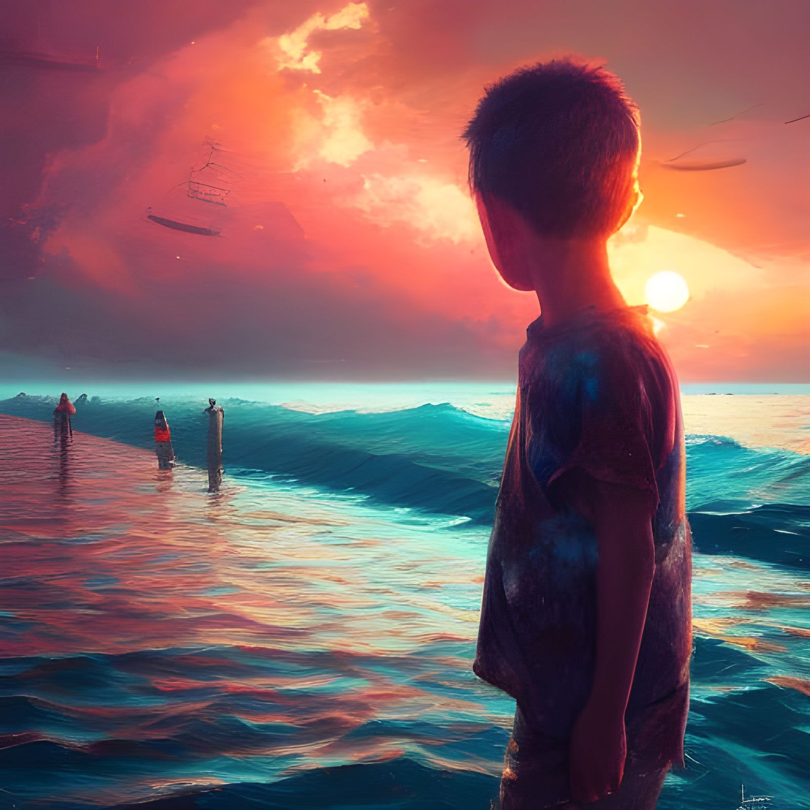 Sunset Voyage on a Teal Ocean, Fine Art