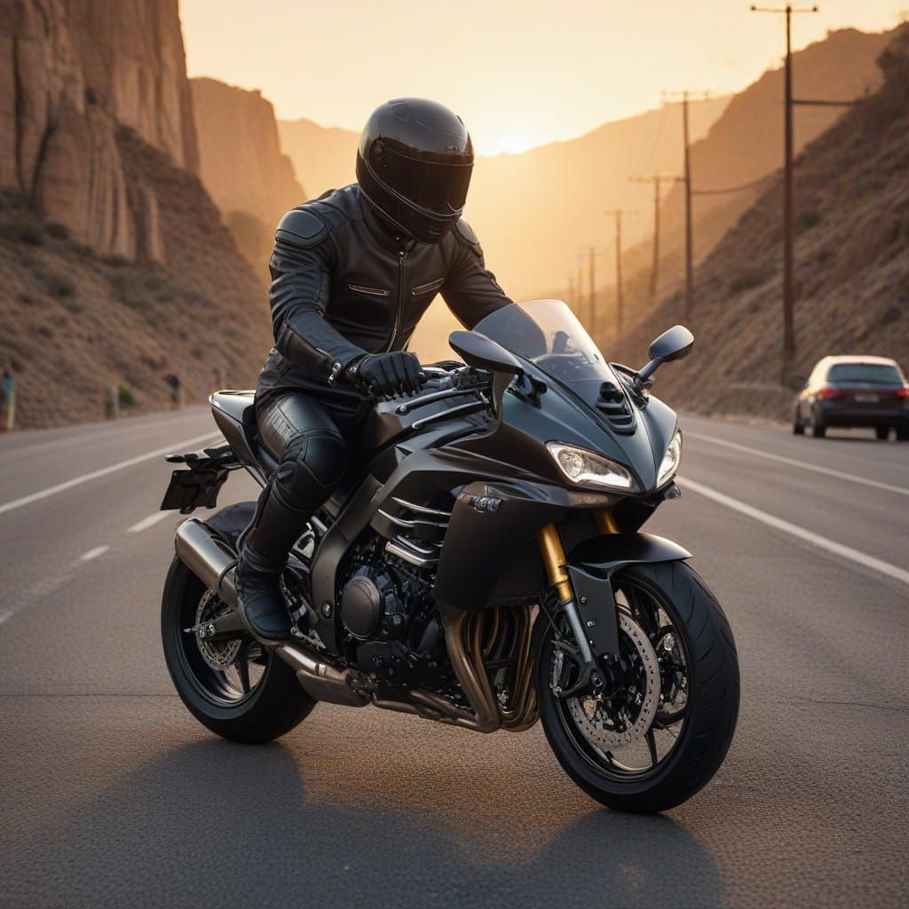 Rugged Biker on Kawasaki Ninja Motorcycle in Futuristic Land...