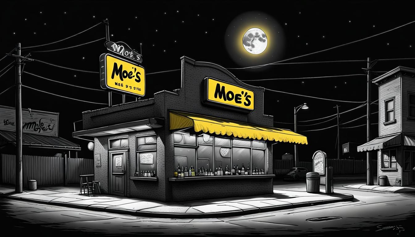 Moe's Bar Noir: Simpsons Art Under Starry Sky