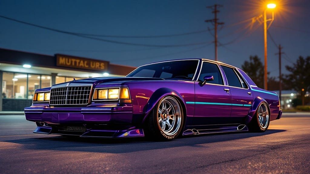 Glossy 1980s-Style Muscle Car, Parked Under Neon