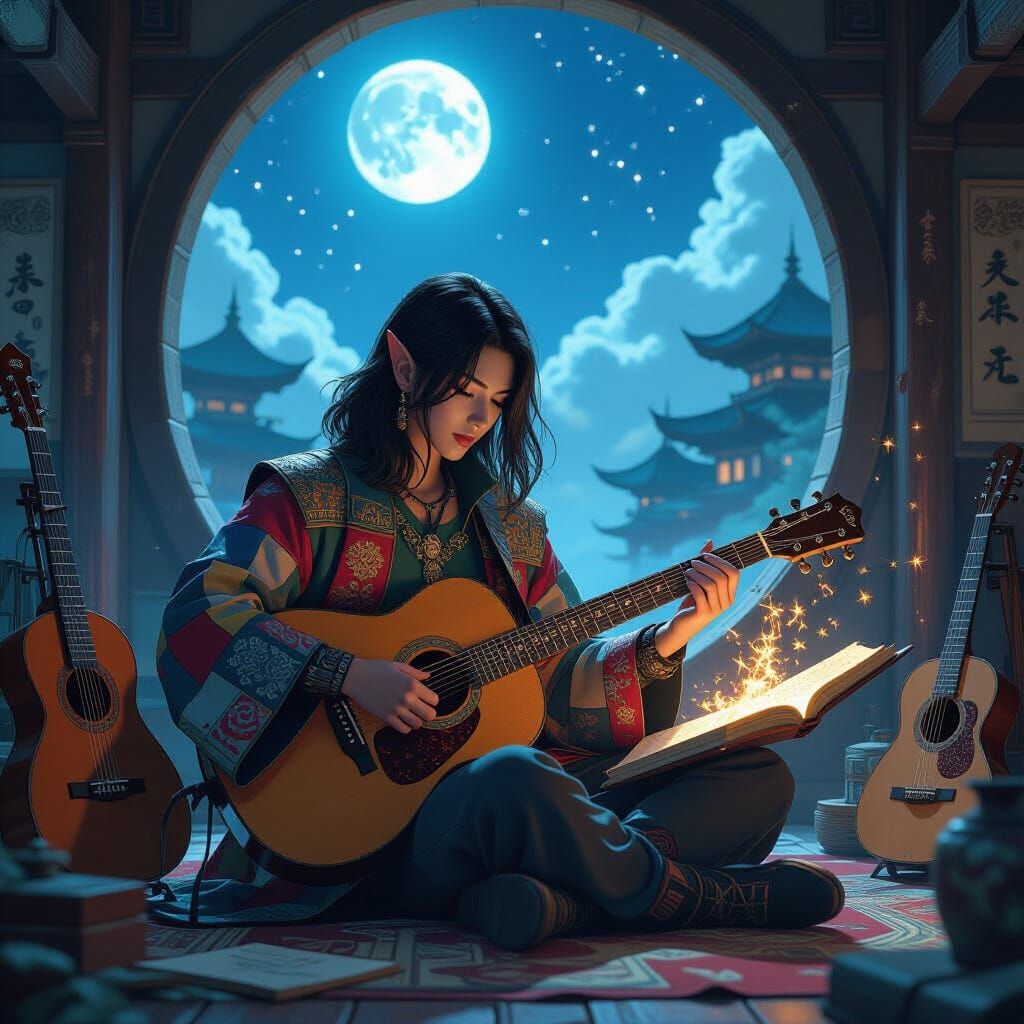 Solarpunk Minstrel Conjuring Portal in Anime Style