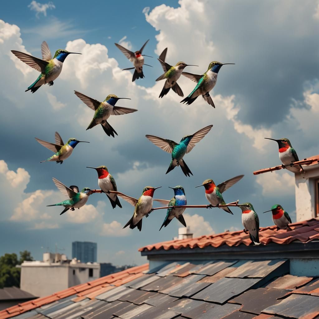 Hummingbirds on Rooftop in Divine Sunlight