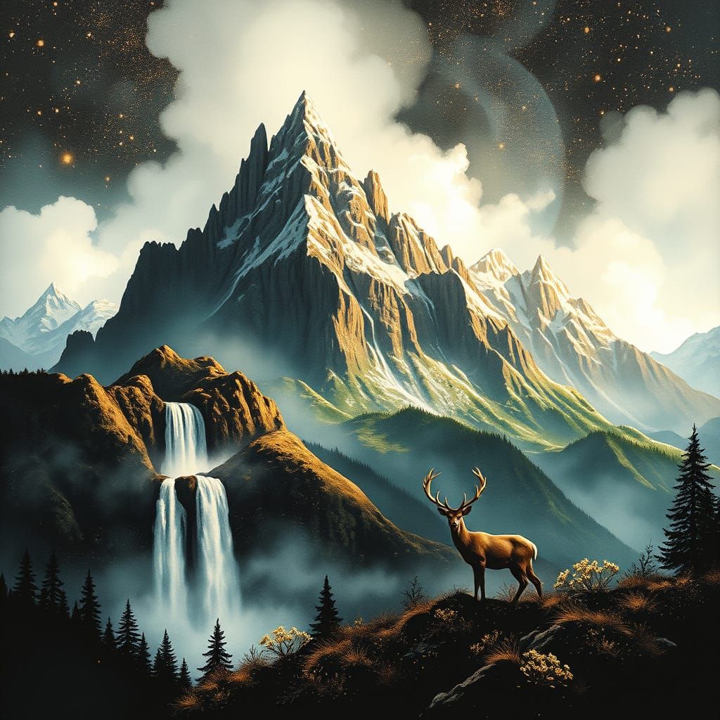 Ethereal Landscape with Golden Ink and Watercolor