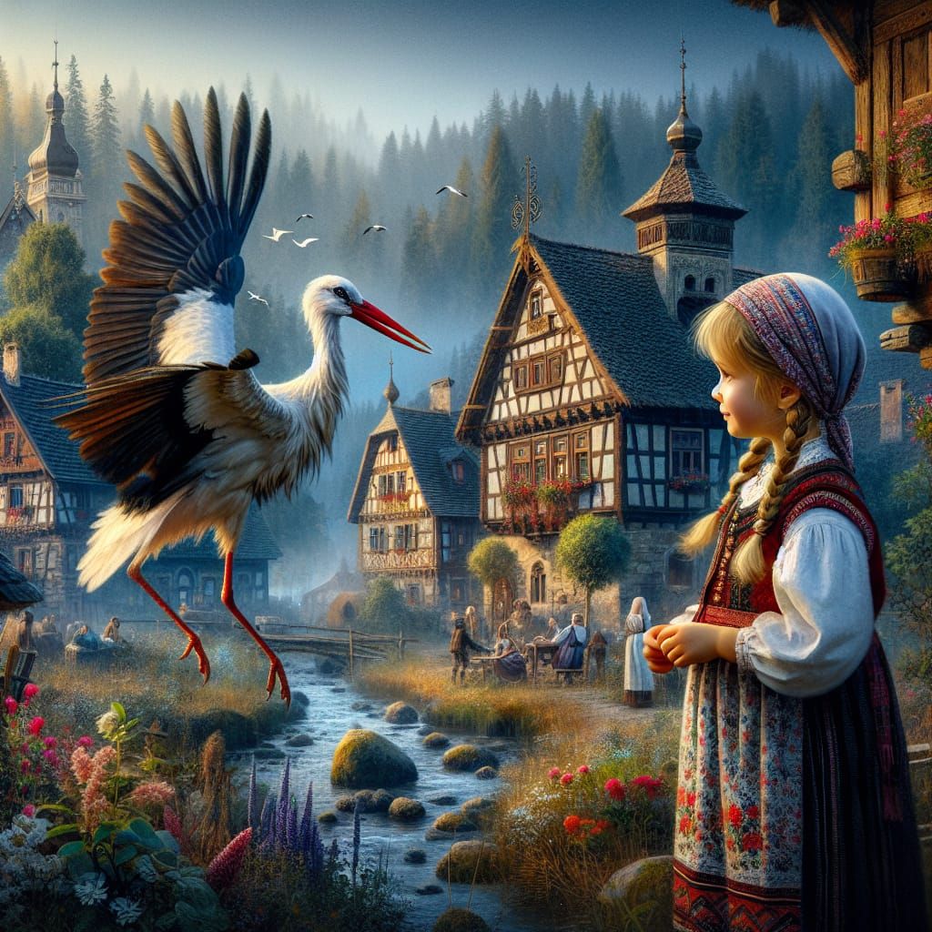 Alsatian Girl Watches Stork in Matte Painting