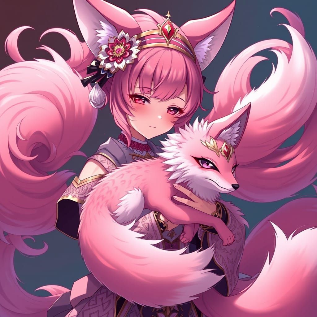 Lively Anime Girl with Pink Fox Cradled in Her Arms