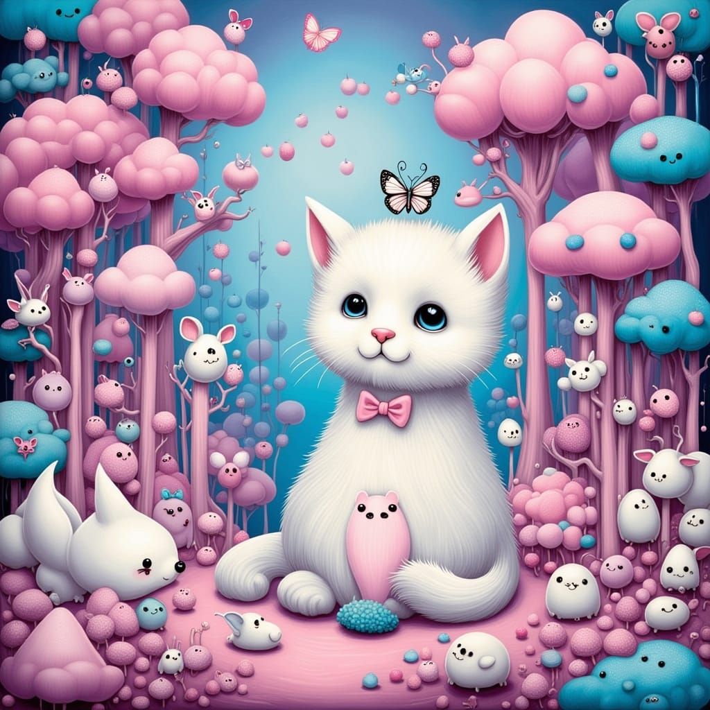Whimsical Marshmallow Forest Scene in Vibrant Gouache Style