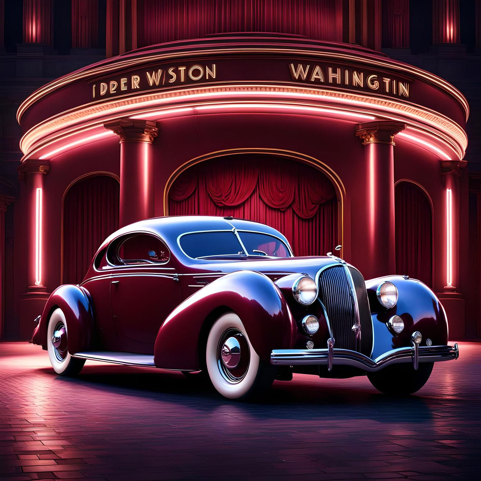 Art Deco Maroon Fastback Car at the Opera