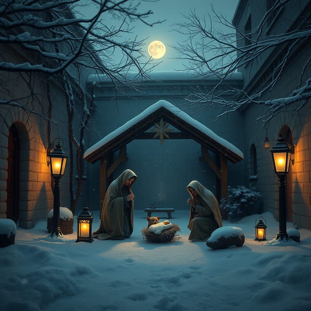 Surreal Nativity Scene in Hyper-Realistic Winter Wonderland