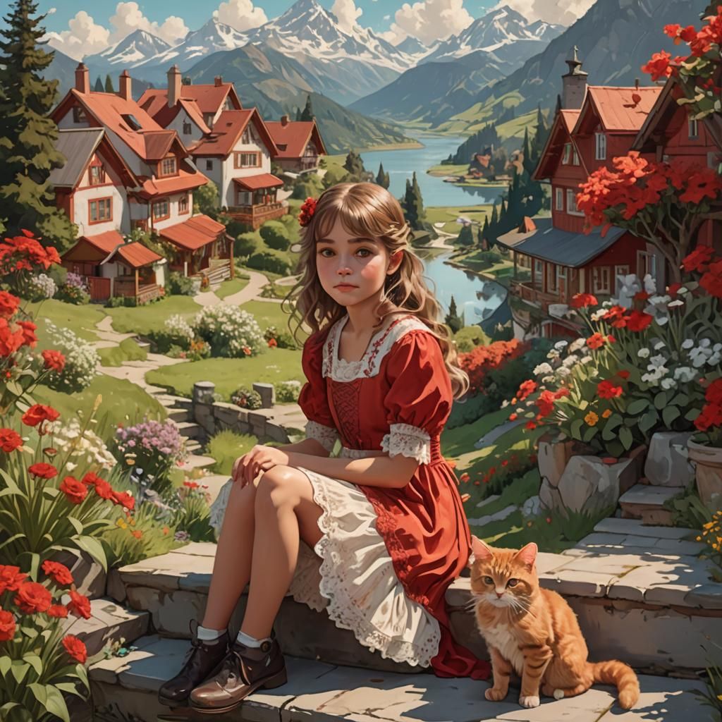 Girl with Cat in Garden Landscape, Hyperdetailed Art