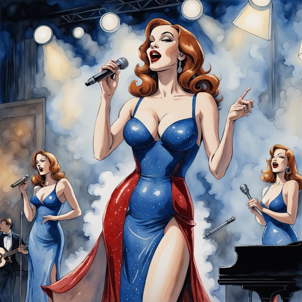 Jessica Rabbit in Blue Jazz Club, Watercolor and Ink