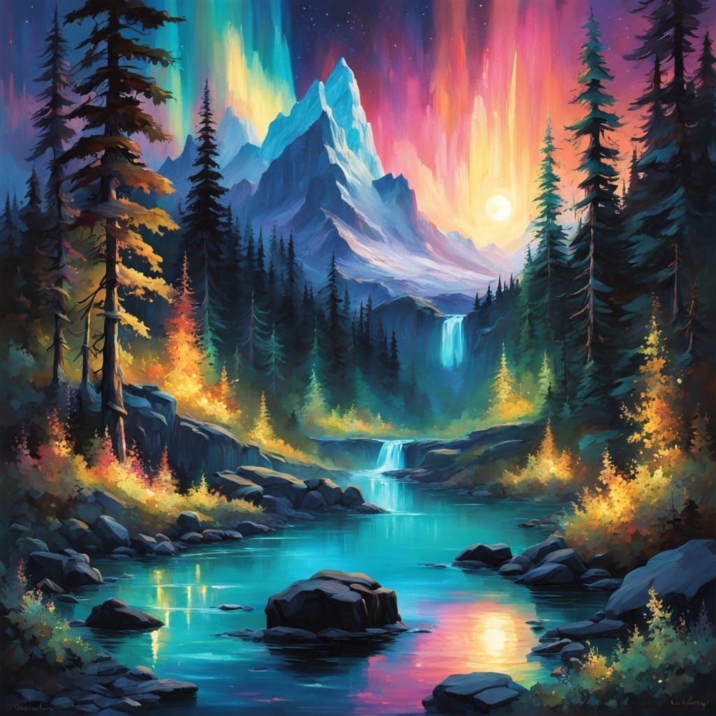 Bioluminescent Hot Springs in Gouache Style