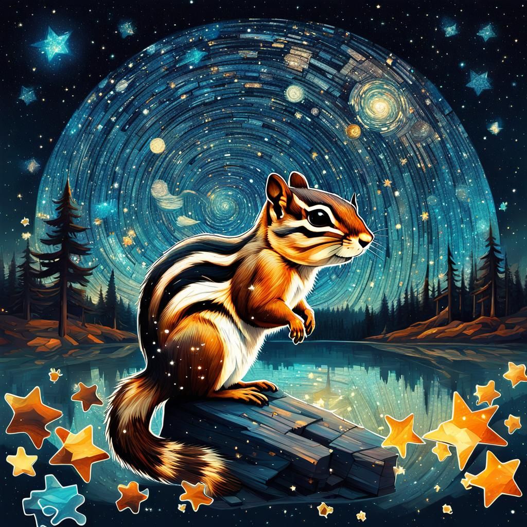 Starry Chipmunk Puzzle Collage in Surreal Style