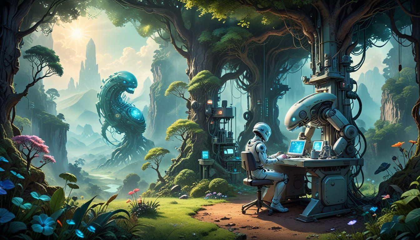 Robot Scientist in Bioluminescent Alien Valley: Watercolor A...