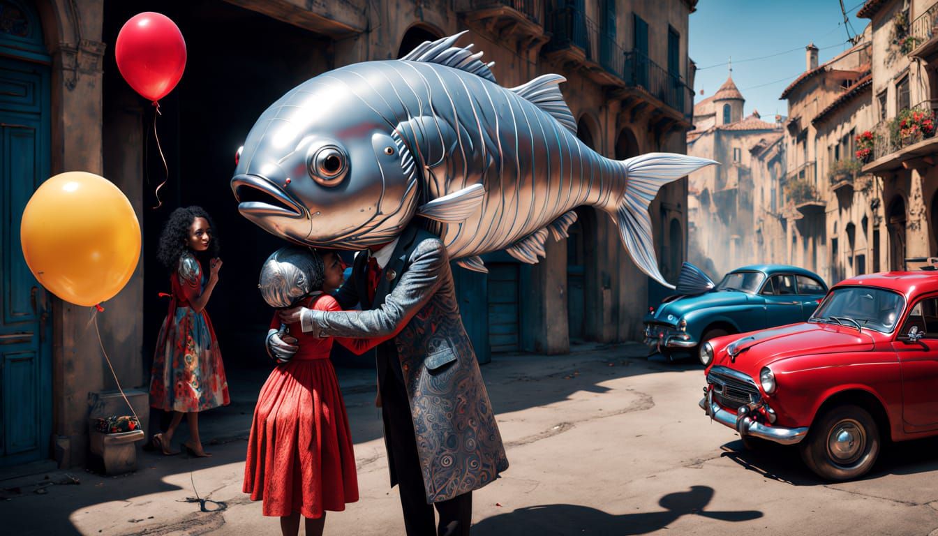 Surreal Fantasy Figure with Balloon Fish