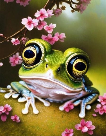 Chibi Frog in Rococo Cherry Blossom Garden