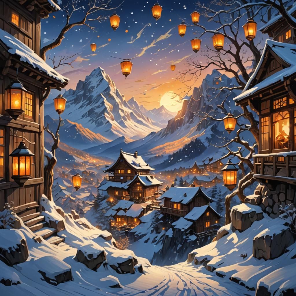 Snowy Mountain Village with Mythical Creatures
