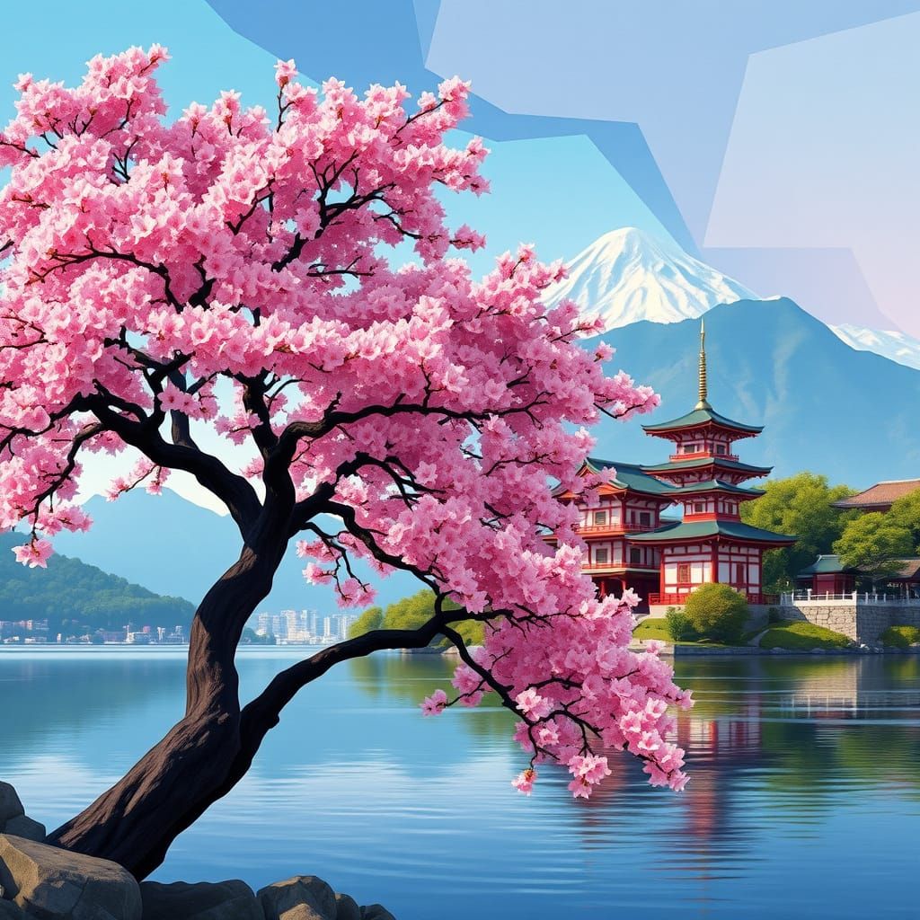 Ancient Sakura Tree in Vibrant Japanese Landscape