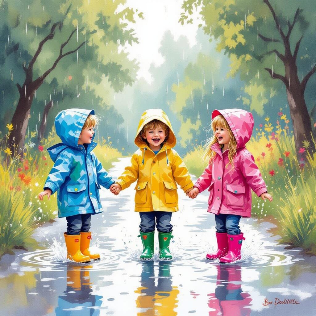 Children Playing in Summer Rain, Watercolor Style