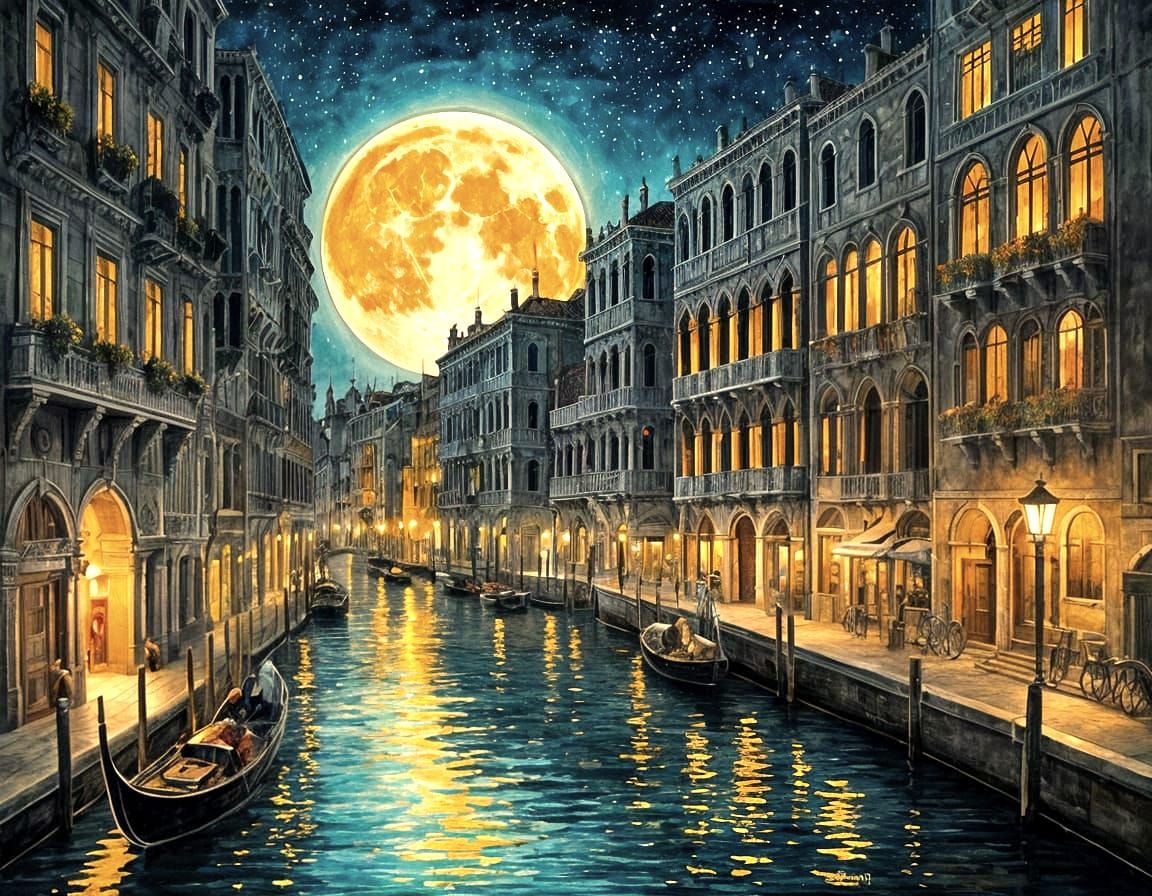 Fantastical Venice Cityscape at Night in Watercolor Style