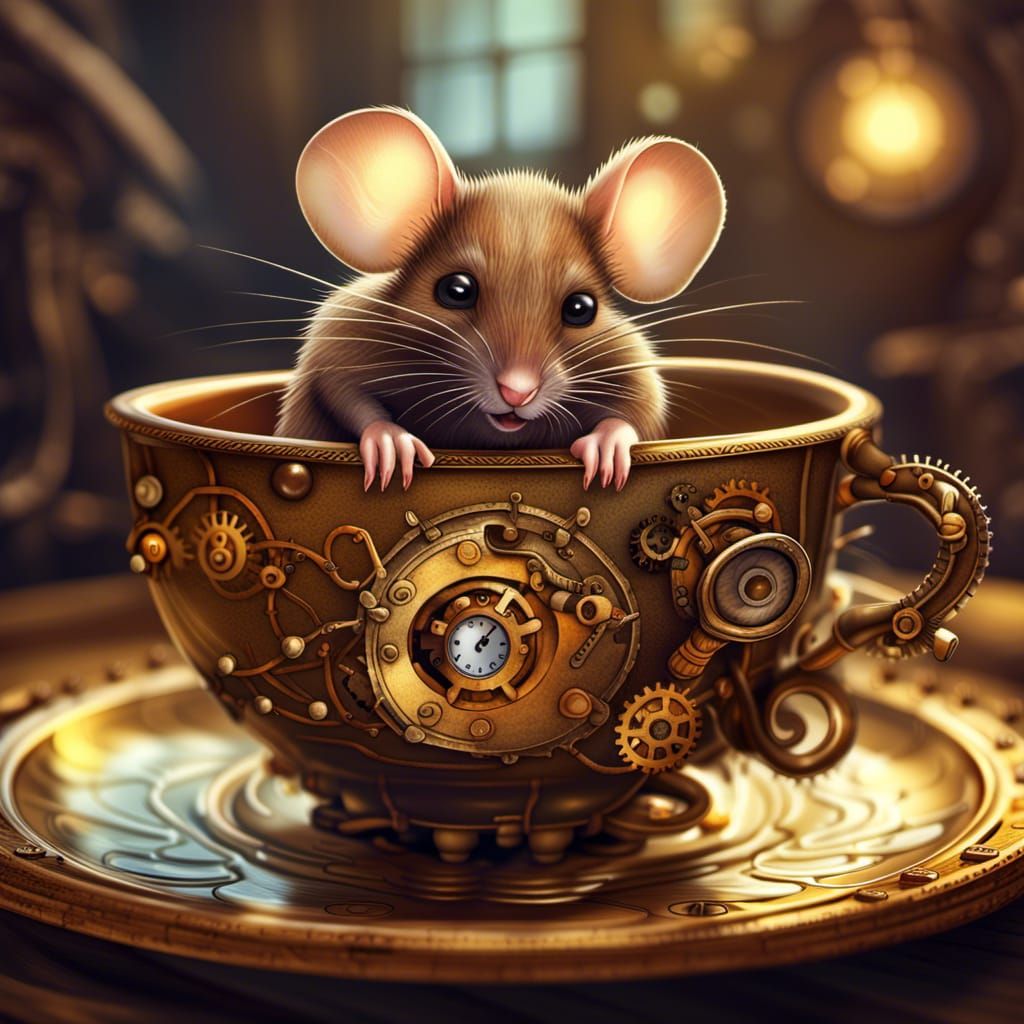Mouse in Steampunk Teacup Illustration