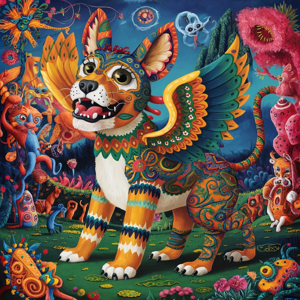 Vibrant Gouache Painting of a Colorful Alebrije