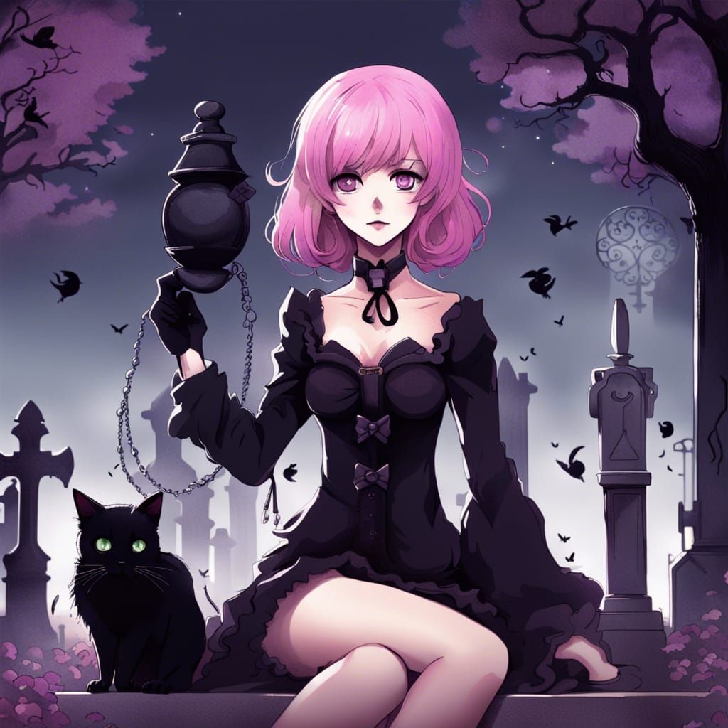Pink-Haired Woman and Cat in Tim Burton Anime Style