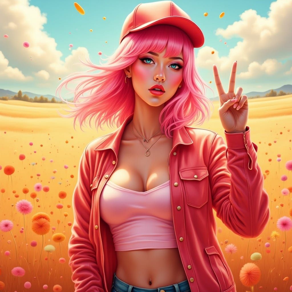 Stunning Young Woman in Peace Sign Pose, Anime-Inspired Port...