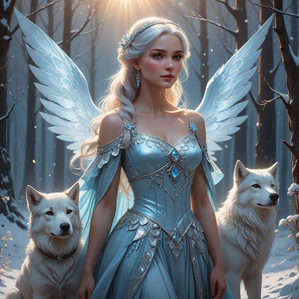 Fairy Queen in Snowy Landscape with Dogs