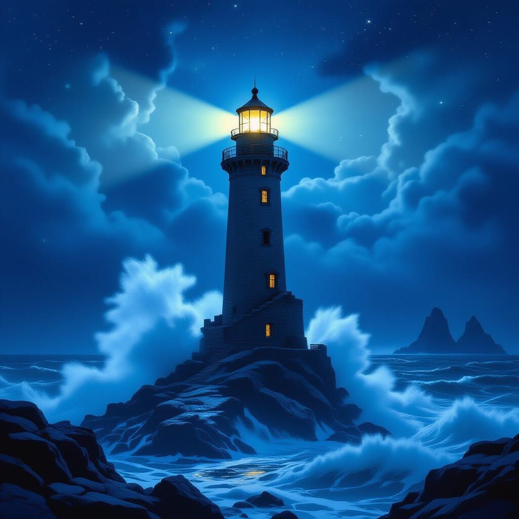 Ancient Lighthouse Against Starry Night Storm