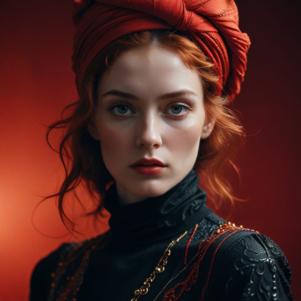Surreal Portrait of a Woman in a Red Turban with Intense Gaz...