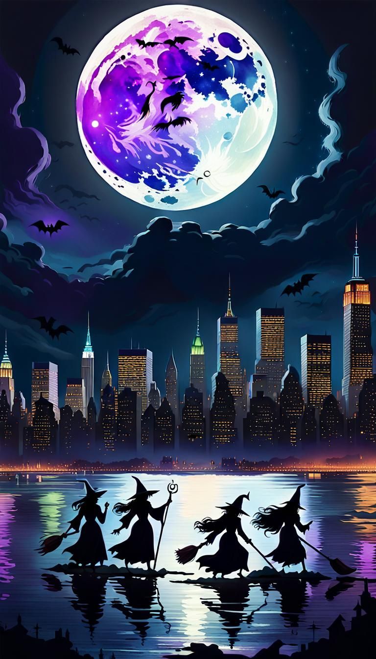 Witches Over New York in Dark Fantasy Style