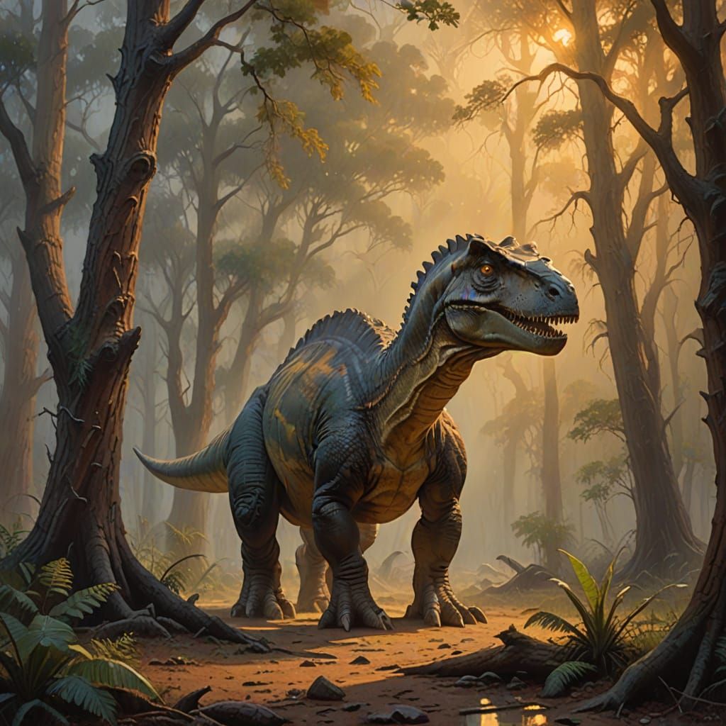Dinosaur in Earthy Oil Painting, James Gurney Style