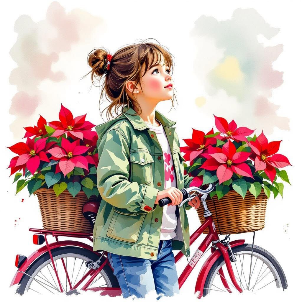 Girl Leans on Bicycle with Poinsettias, Watercolor Style