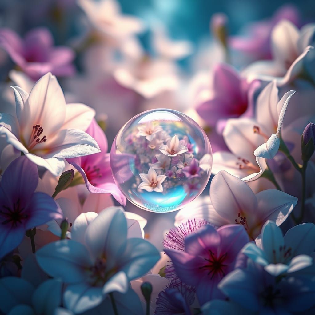 Whimsical Crystal Orb amidst Fantastical Floral Tapestry