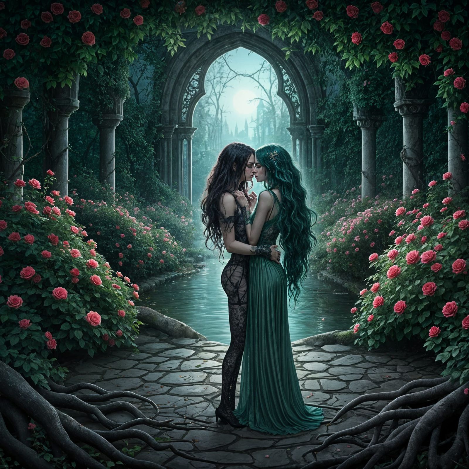 Gothic Garden in Twilight with Kissing Couple