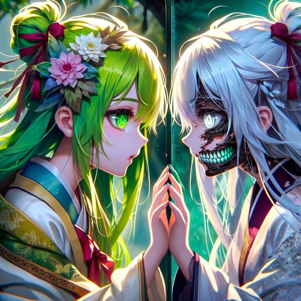 Anime Girl's Reflection Shows Transformation in Matte Painti...