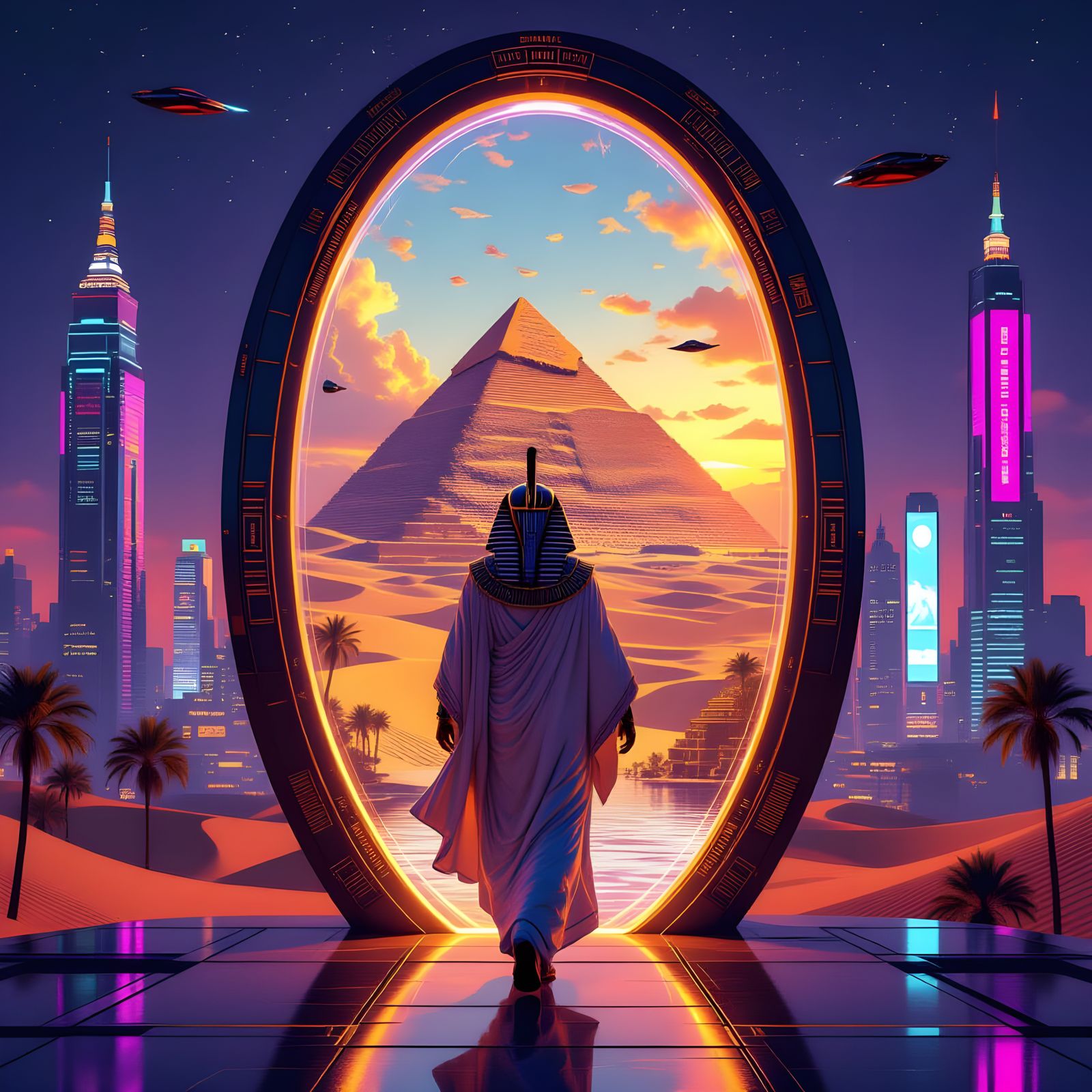 Pharaoh's Futuristic Arrival: 3D Rendered Time Portal